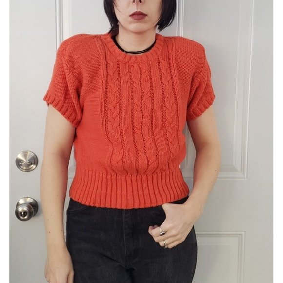 90s Liz Claiborne Orange Cropped Short Sleeve Sweater - Picture 1 of 4